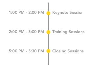 1:00 PM - 2:00 PM: Keynote Session, 2:00 PM - 5:00 PM: Training Sessions, 5:00 PM - 5:30 PM: Closing Sessions
