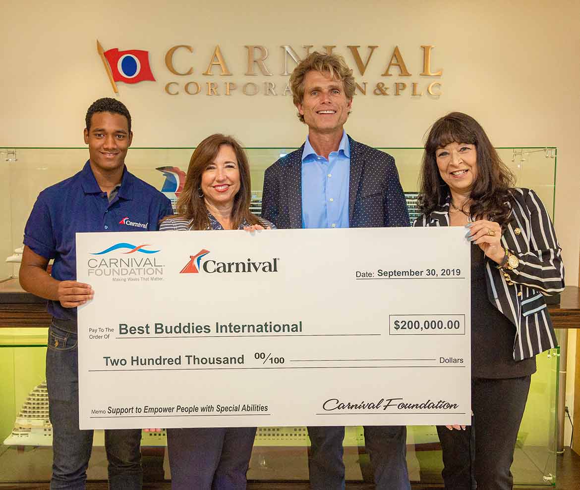 Check Presentation: Left to Right - Yoel Gallo, Best Buddies Jobs Participant, Christine Duffy, Carnival CEO, Anthony K. Shriver, Best Buddies International chairman, founder & CEO, Linda Coll, Carnival Foundation Executive Director