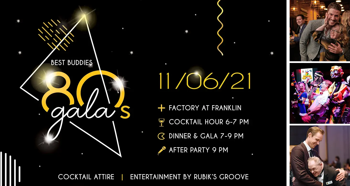 Gala Banner with 80s theme and multiple imagers of attendees