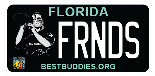 Best Buddies license plate featuring illustration of Tom Brady throwing a football