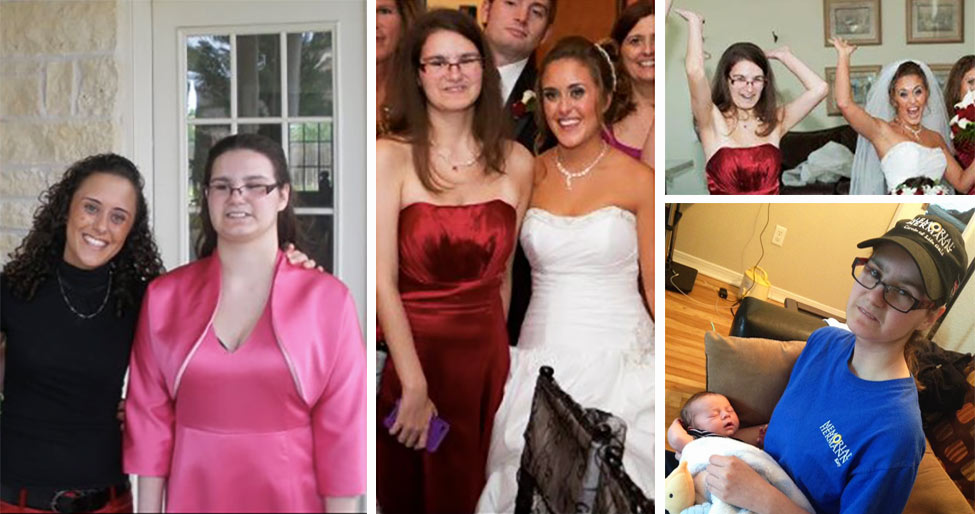 Best Buddies Female Friendship Participants, Sarah Leifeste and Sarah stand side by side in a collage of photos from events such as Sarah Leifeste's Wedding and the birth her son, Ace.