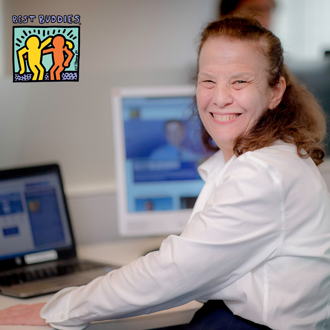 Female Best Buddies Jobs participant working at a computer