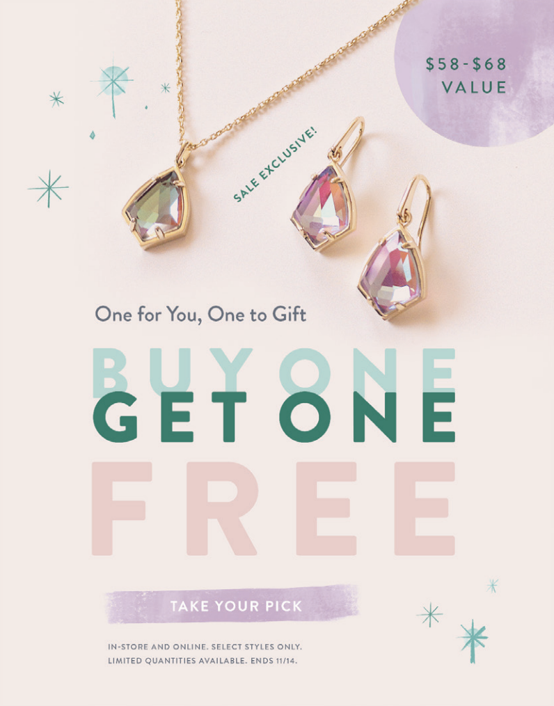 Kendra Scott Give Back "Buy One Get One Free" offer graphic featuring earrings