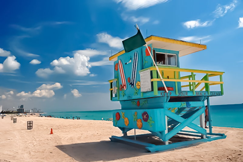 A colorful Life Guard Tower located on South Beach, Miami.
