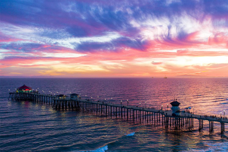 Manhattan Beach Pier in Los Angeles, California at sunset.