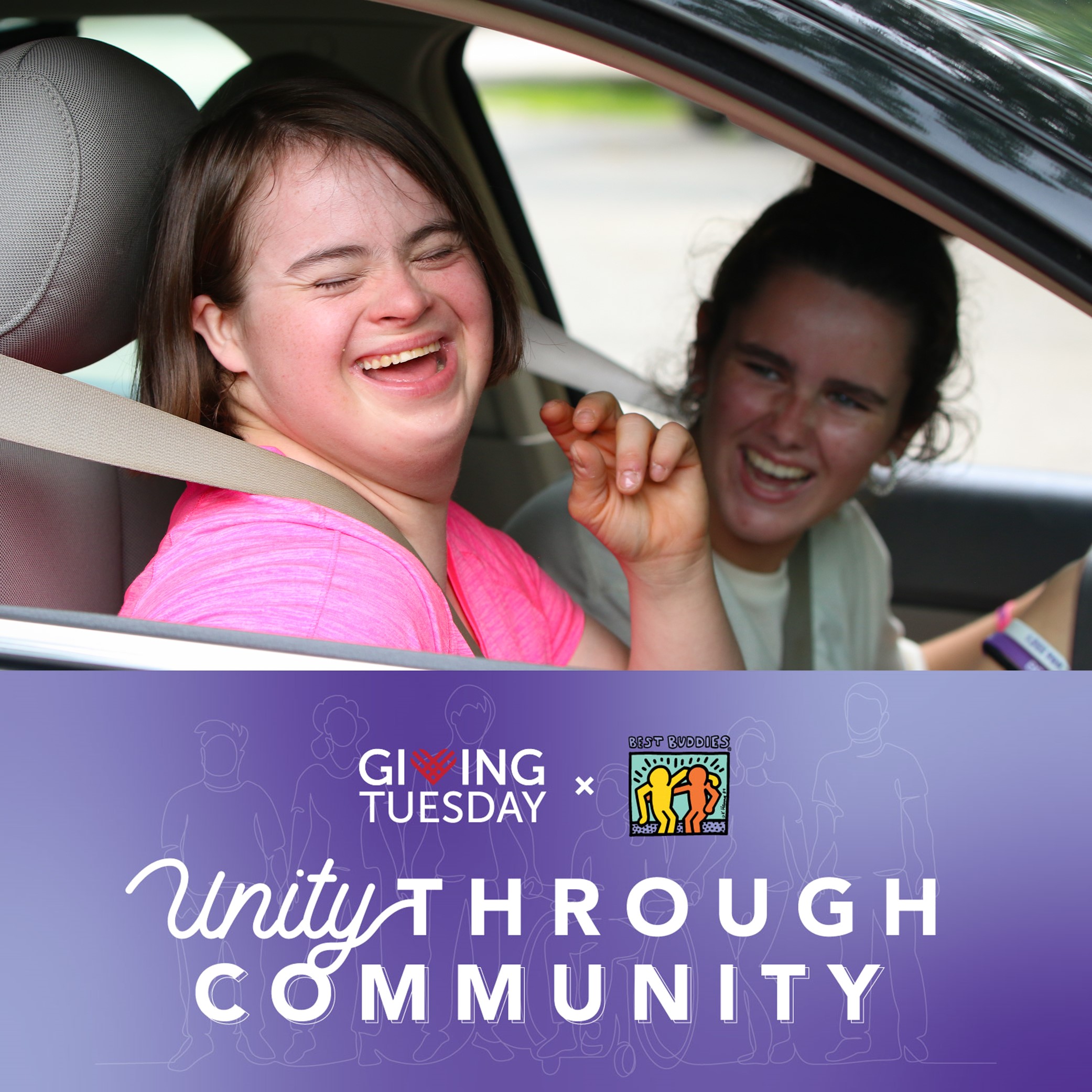 2 female Best Buddies Friendship participants enjoy riding in a car with the windows down and the music up.