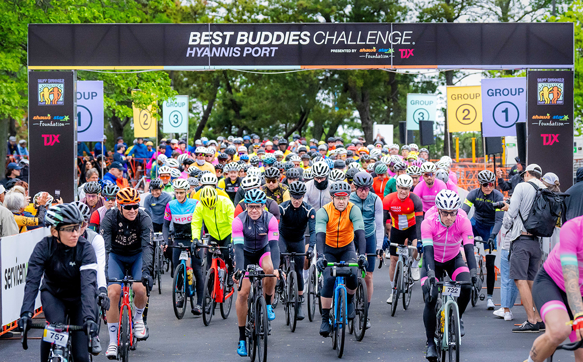 Hundreds of cyclists are seen leaving the Start Line at the Annual Best Buddies Challenge: Hyannis Port.