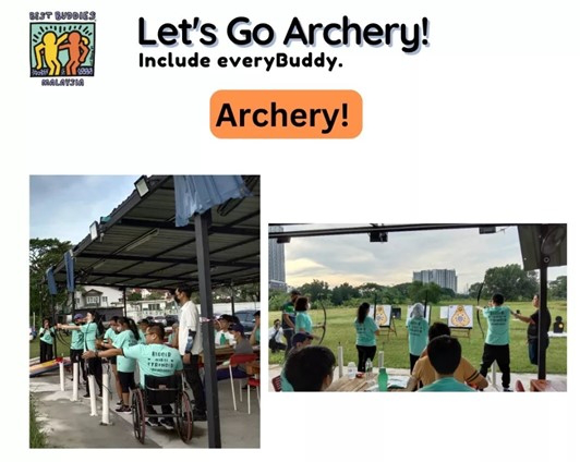 Best Buddies Malaysia participants are practicing archery in a field.