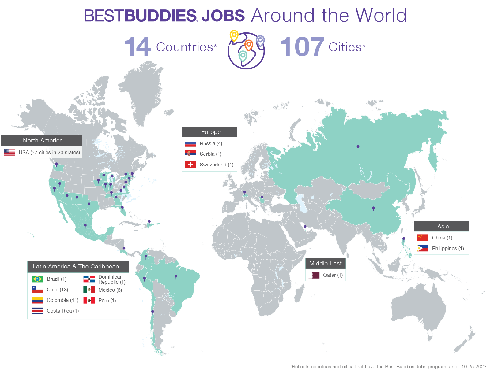 Best Buddies Jobs Around the World Map: 14 countries and 107 cities globally