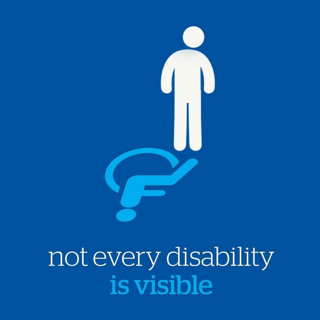 A person in all white looking down. Next to them is a shadow of a light blue person in a wheelchair. Below it says "not every disability is visible."