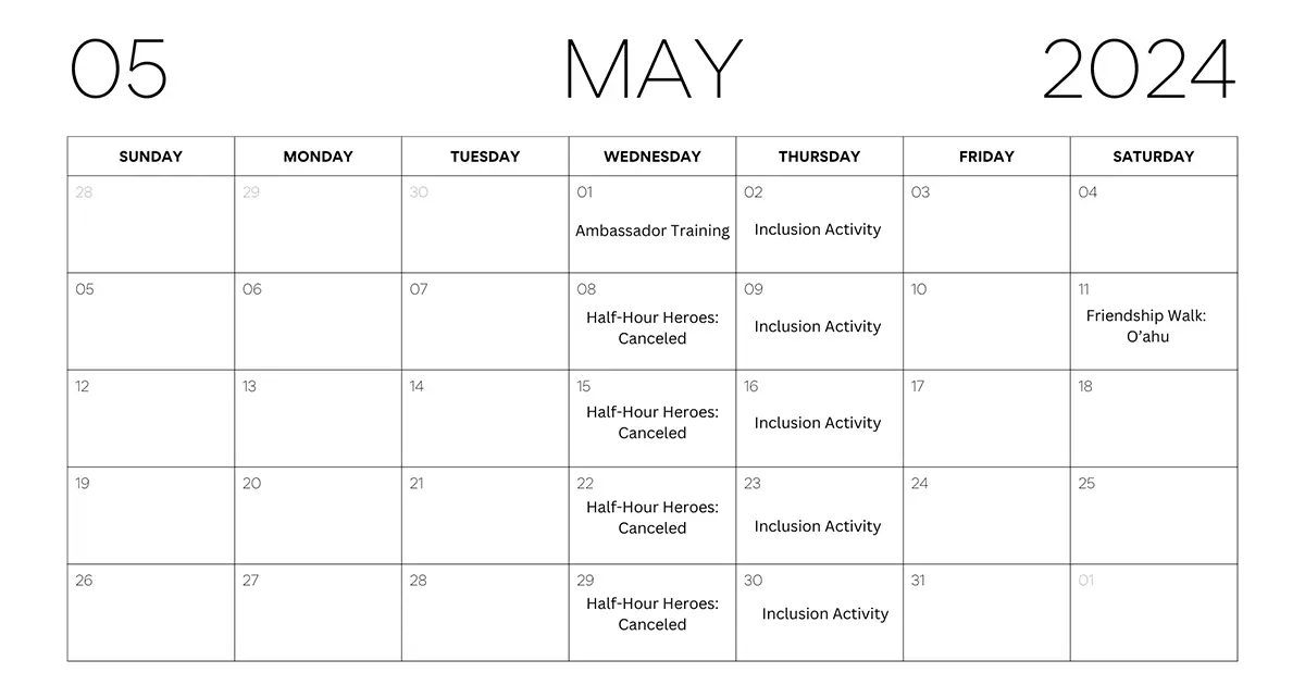 May Monthly Events Calendar