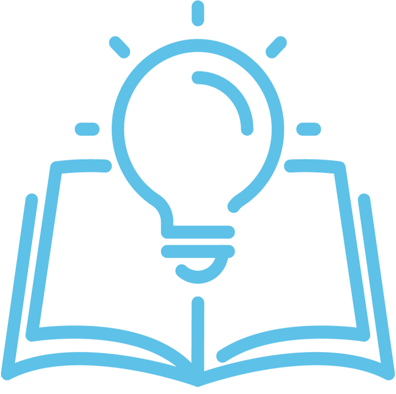 Educate: An open book with a glowing light bulb above it, representing learning, education, and new ideas.