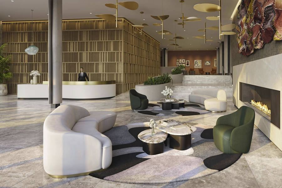 Living - NY, NY SoMA Lobby Luxury apartment lobby with modern seating, fireplace, and concierge desk in New York City building.