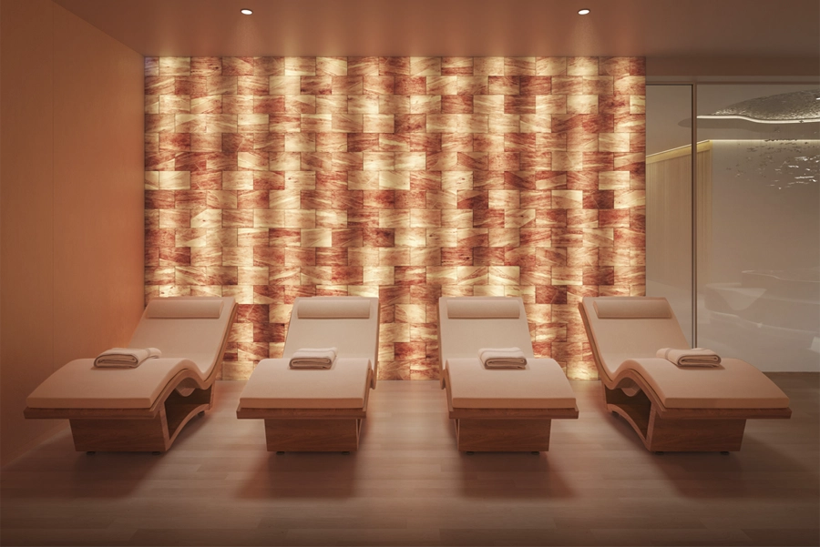 Living - NY, NY SoMA Lounge Wellness spa room with heated lounge chairs and ambient lighting in luxury apartment building.