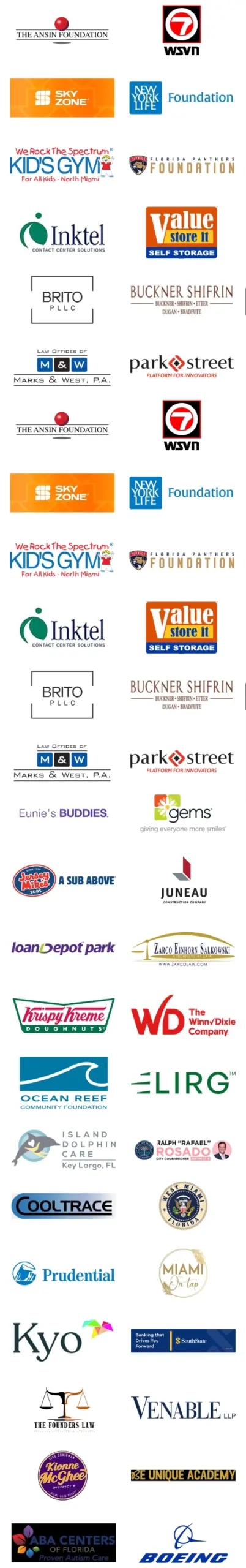 Best Buddies to Host 5th Annual Ed Ansin Best Buddies Friendship Walk at loanDepot Park - Mobile Sponsor logos Collection of sponsor logos for the Best Buddies Friendship Walk, featuring organizations such as WSVN, Sky Zone, New York Life, Jackson Health System, Topgolf, PDQ, Sephora, and others.