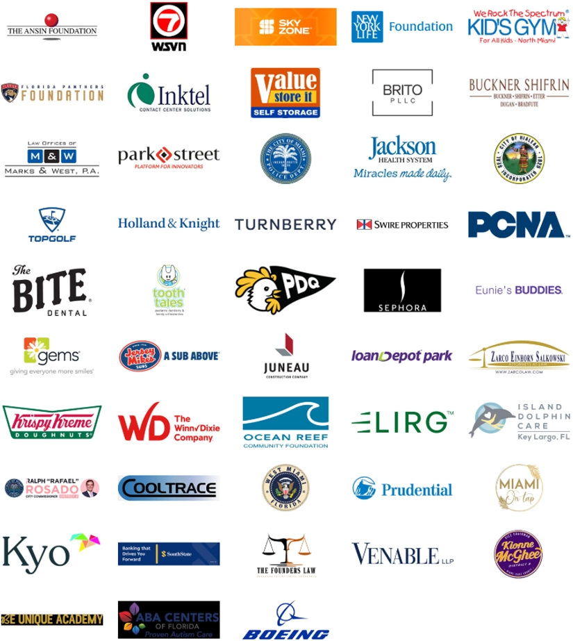 Best Buddies to Host 5th Annual Ed Ansin Best Buddies Friendship Walk at loanDepot Park - Sponsor logos Collection of sponsor logos for the Best Buddies Friendship Walk, featuring organizations such as WSVN, Sky Zone, New York Life, Jackson Health System, Topgolf, PDQ, Sephora, and others.