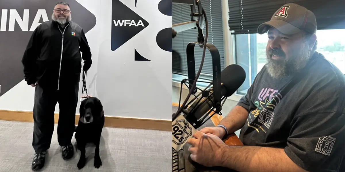 collage of ryan and his dog at radio studio