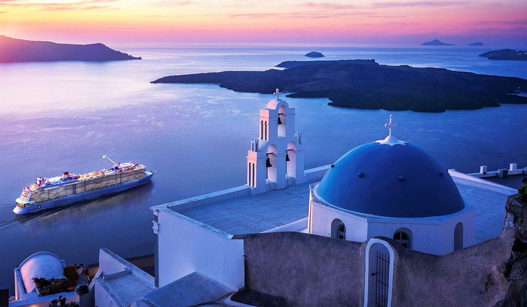 2027 BB Travel Royal Caribbean European Cruise trip Royal Caribbean cruise ship near Santorini, Greece, a destination featured in a Best Buddies European cruise travel experience.