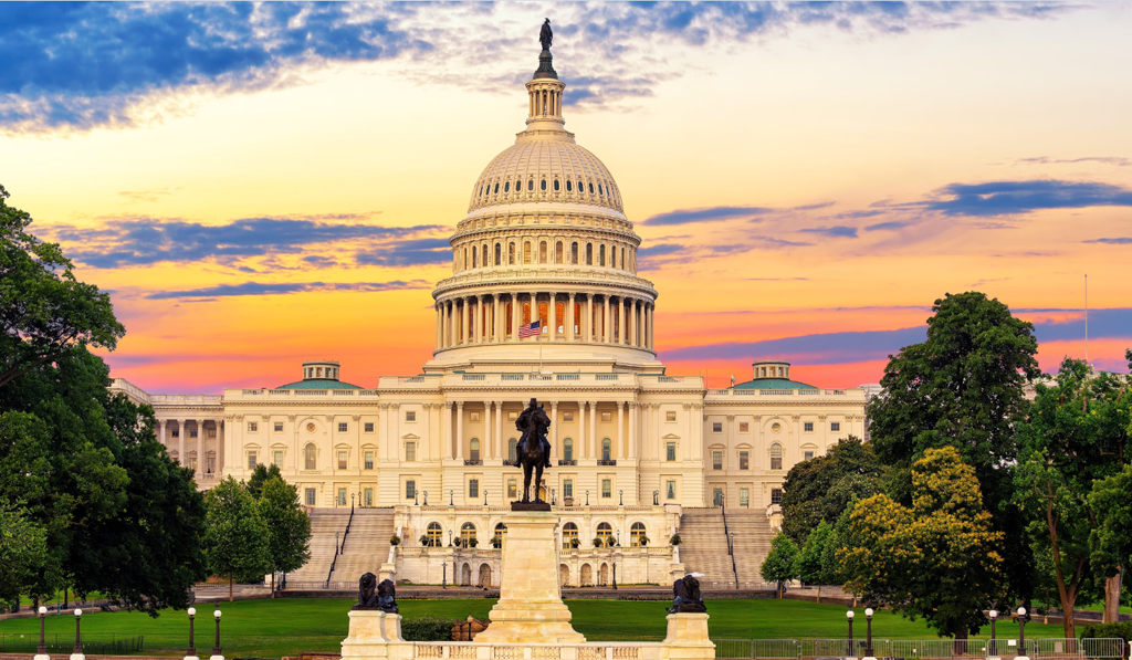 2027 BB Travel Washington DC Trip United States Capitol building in Washington, D.C., at sunset with landscaped grounds in the foreground.