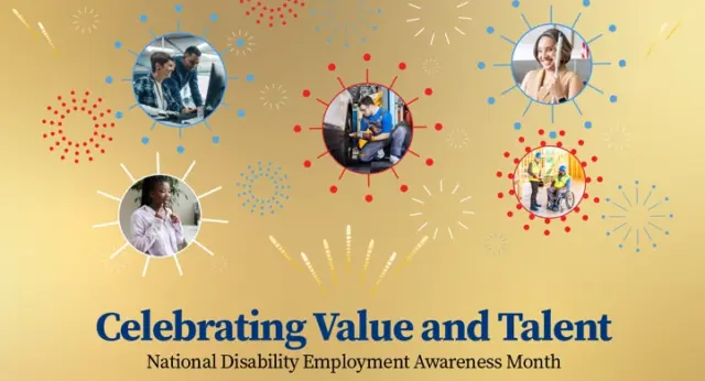2026 NDEAM Featured Image Celebrating Value and Talent banner featuring people with disabilities surrounded by colorful celebratory graphics.